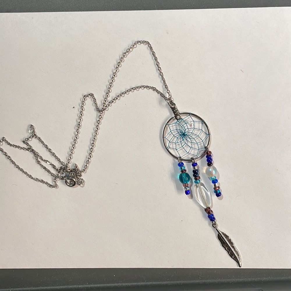 Dreamcatcher Pendant Necklace with Blue and Silver Accents